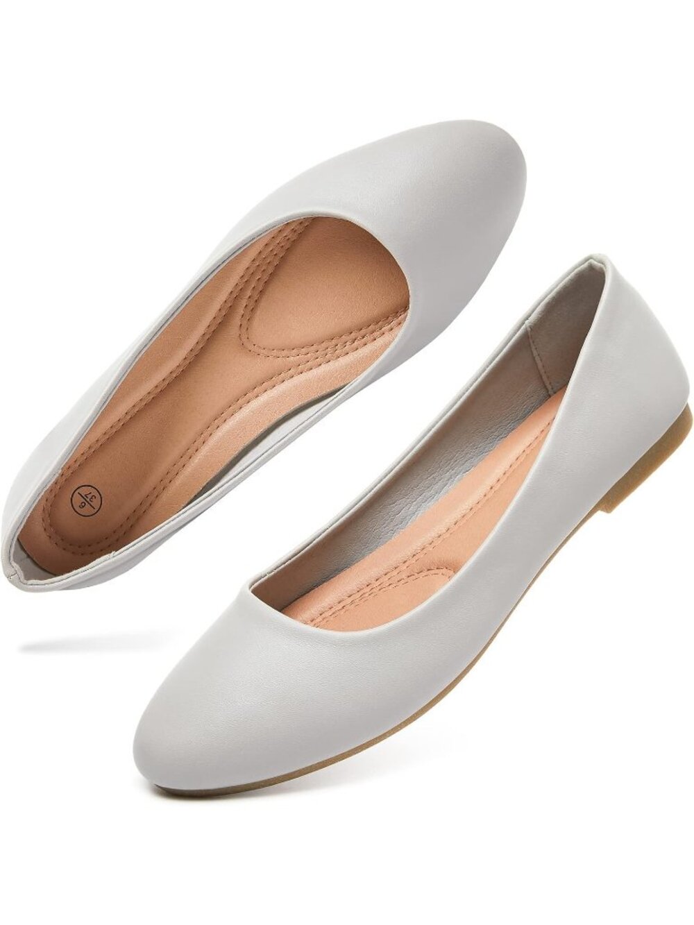 Women's Light Grey Comfortable PU Leather Round Toe Slip on Ballet Flat Shoes